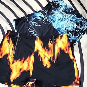 Double O Ring Zipper Hot Shorts Fire Flame and Water Ice booty shorts rave